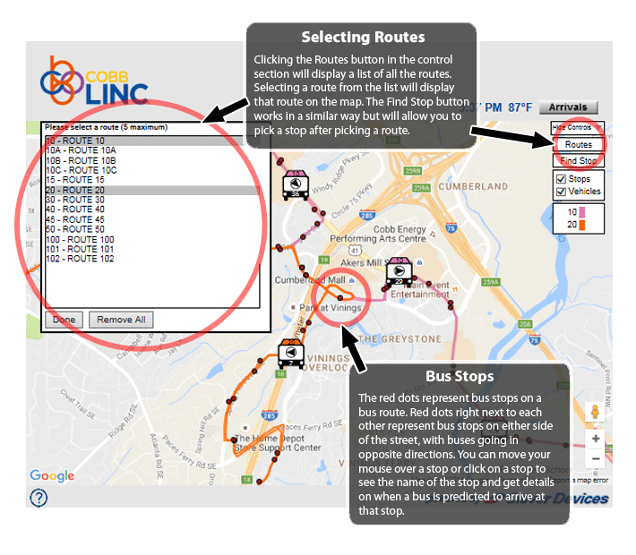 Selecting Routes - Clicking the Routes button in the control section will display a list of all the Cobb Linc routes.  Selecting a route from the list will display that route on the map.  The Find Stop button works in a similar way but will allow you to pick a stop after picking a route.
